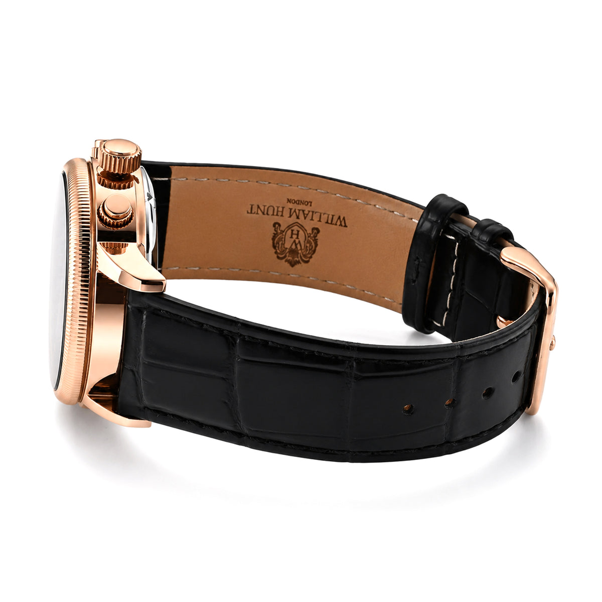 FINAL WATCH OF CLEARANCE - William Hunt Limited Edition Mosaic Automatic Movement 5ATM Water Resistant Enamel Skeleton Dial &amp; Rose Gold Plated UNISEX Watch with Black Genuine Leather Strap V32619144 5