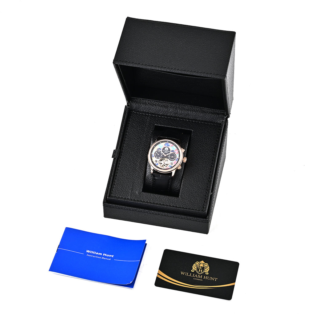 William Hunt Limited Edition Mosaic Automatic Movement 5ATM Water Resistant Enamel Skeleton Dial & Rose Gold Plated UNISEX Watch with Black Genuine Leather Strap_8662144_7