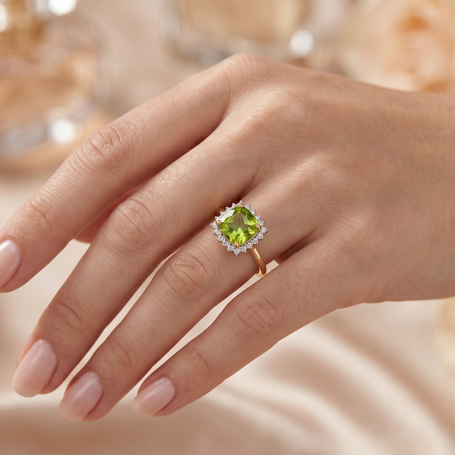Luxuriant - Natural Premium Hebei Peridot &amp; Lab Grown Diamond (SI/G-H) Halo Ring in 18K Vermeil Yellow Gold Plated Sterling Silver 2.55 Ct. 8662564 2