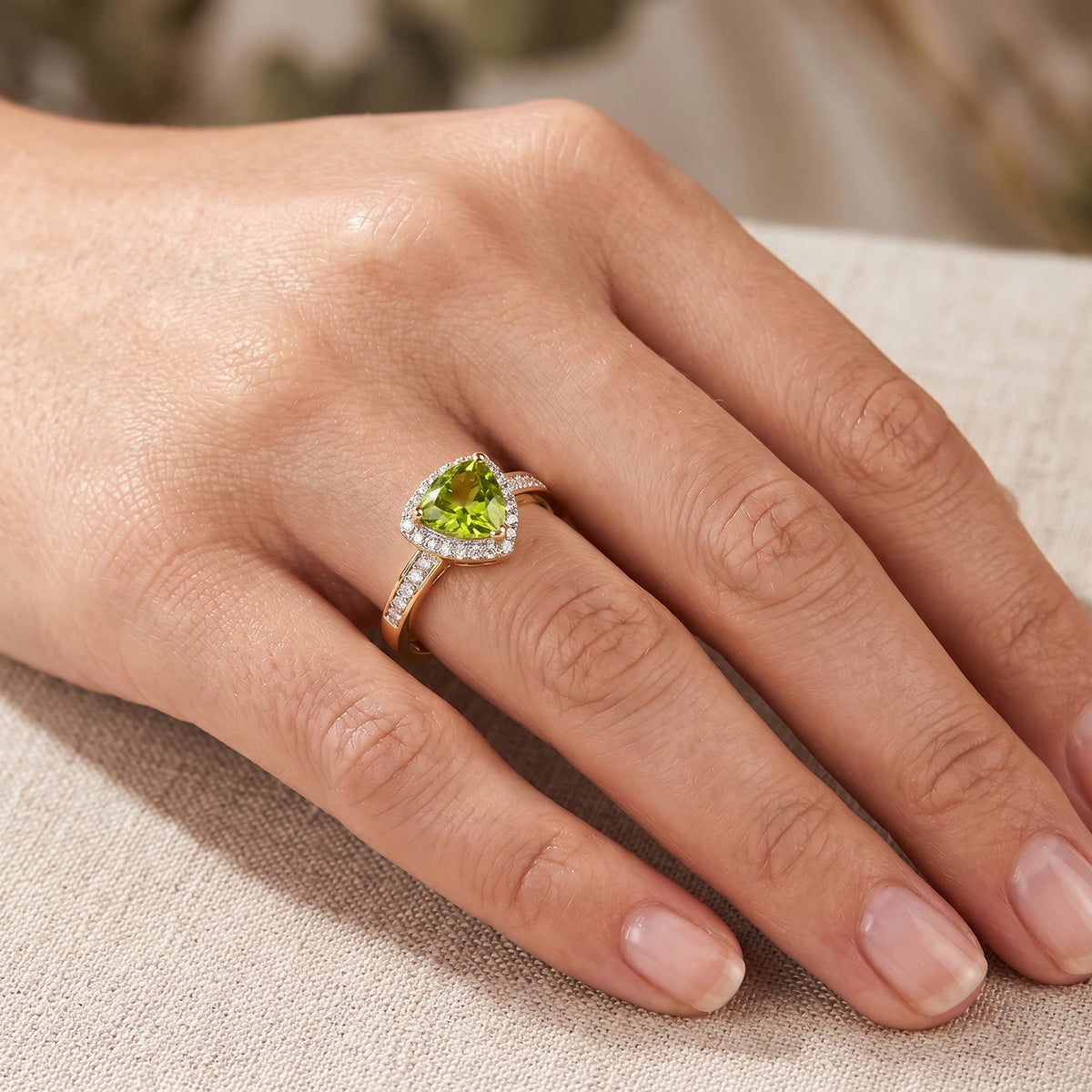 D'Joy - Natural Hebei Peridot &amp; White Zircon Trillion Cut Halo Ring in Yellow Gold Plated Sterling Silver 1.67 Ct. V32566221 3