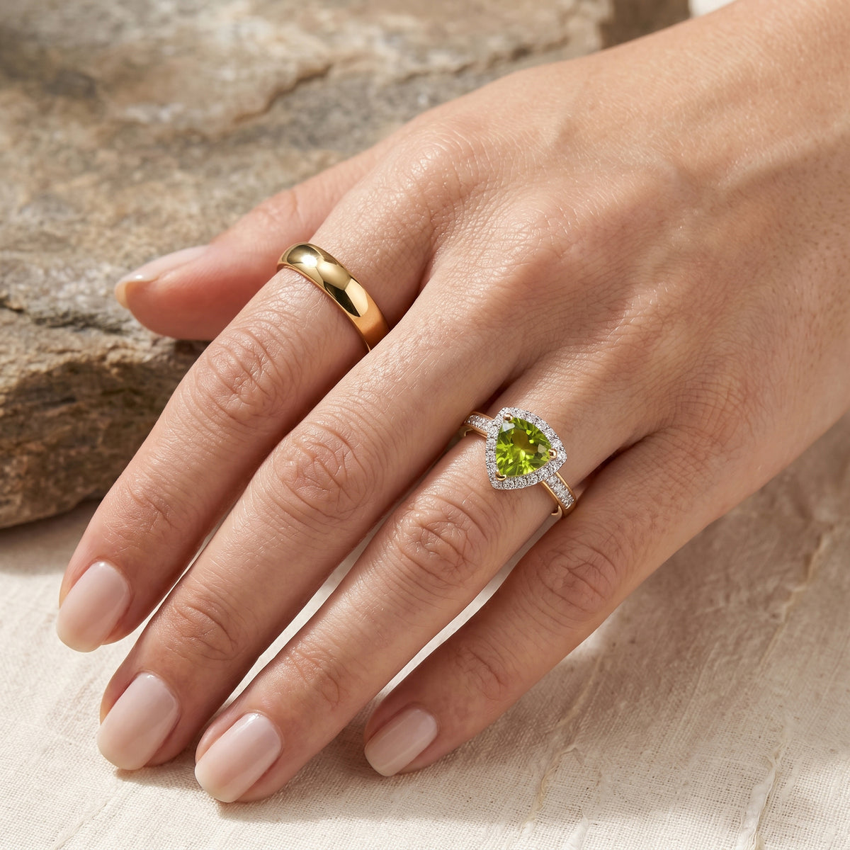 D'Joy - Natural Hebei Peridot &amp; White Zircon Trillion Cut Halo Ring in Yellow Gold Plated Sterling Silver 1.67 Ct. V32580540 2