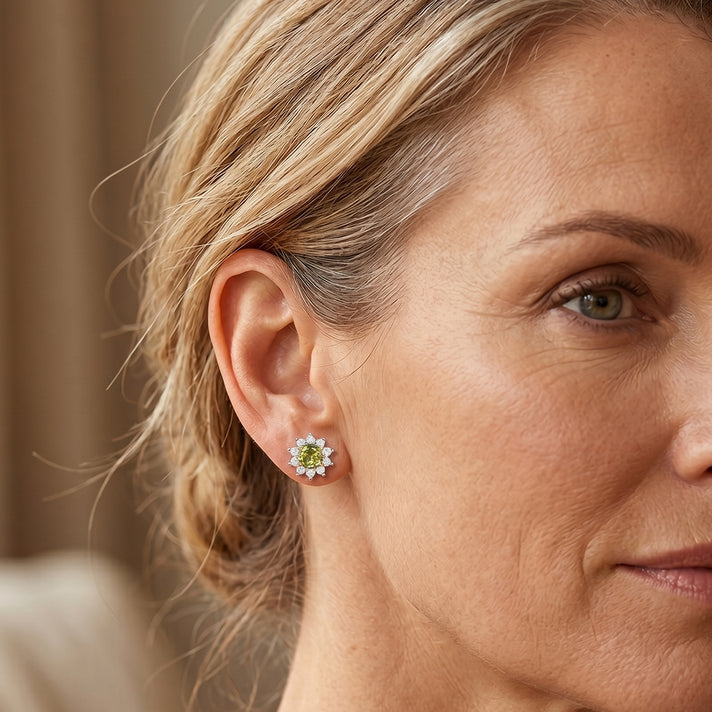 D'Joy - Natural Hebei Peridot &amp; White Zircon Halo Stud Earring with Push Post in Yellow Gold Plated Sterling Silver 1.10 Ct. 8662794 2