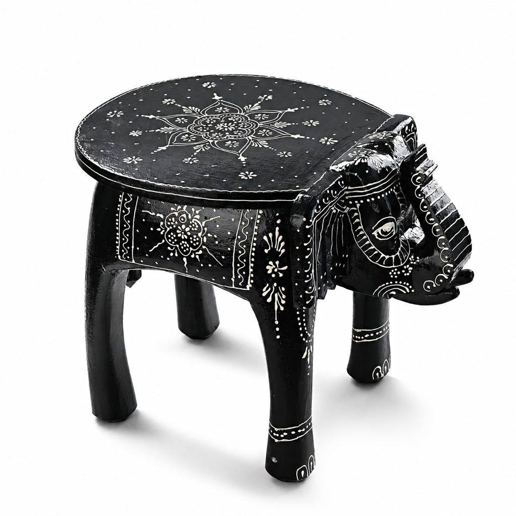 Livmore Hand Painted Cone Work Elephant Figurine Mango Wood Stool (Size - 36.83 x 26.67 x 31.75 cm) - Black_8662931