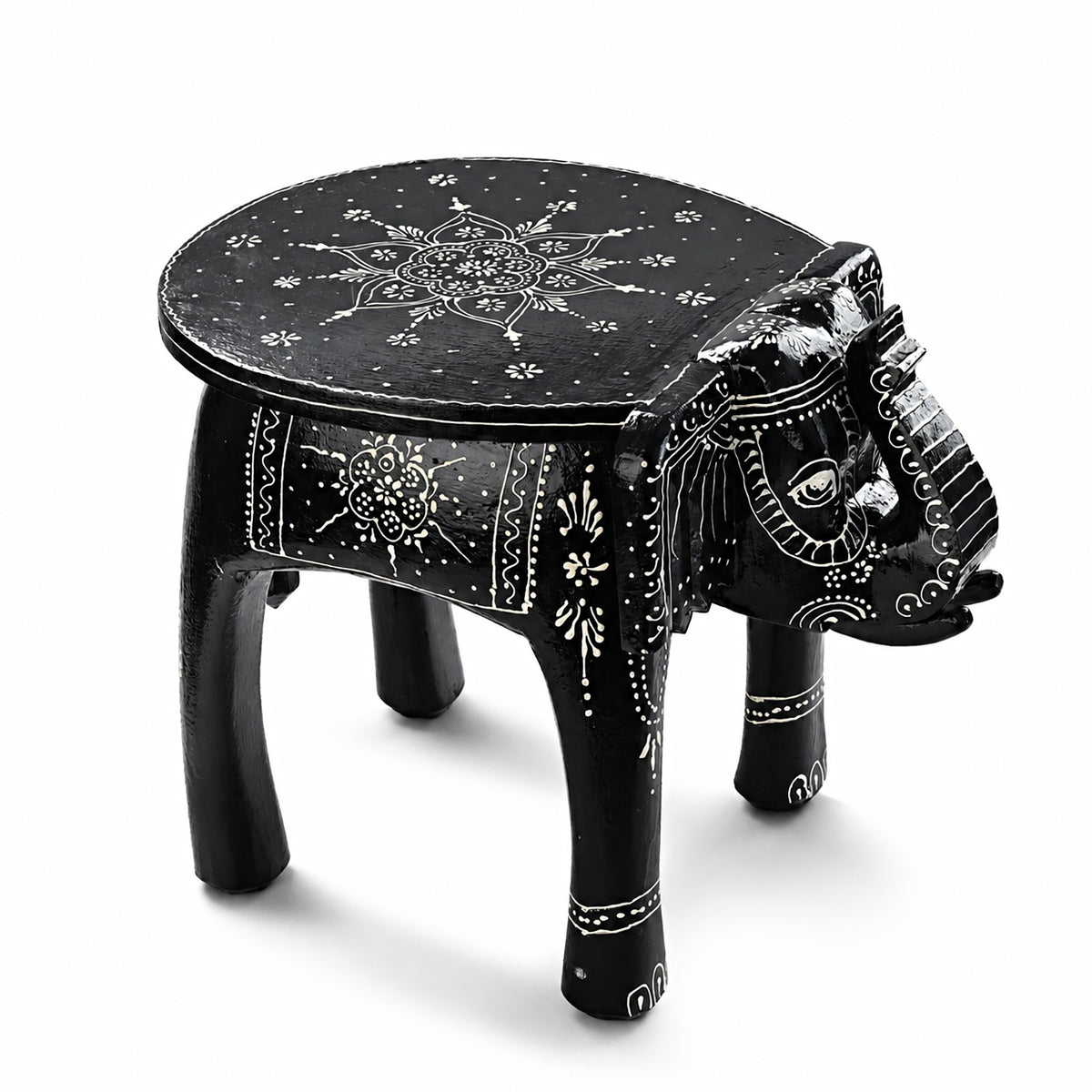 Livmore Hand Painted Cone Work Elephant Figurine Mango Wood Stool (Size - 36.83 x 26.67 x 31.75 cm) - Black V32744989 0