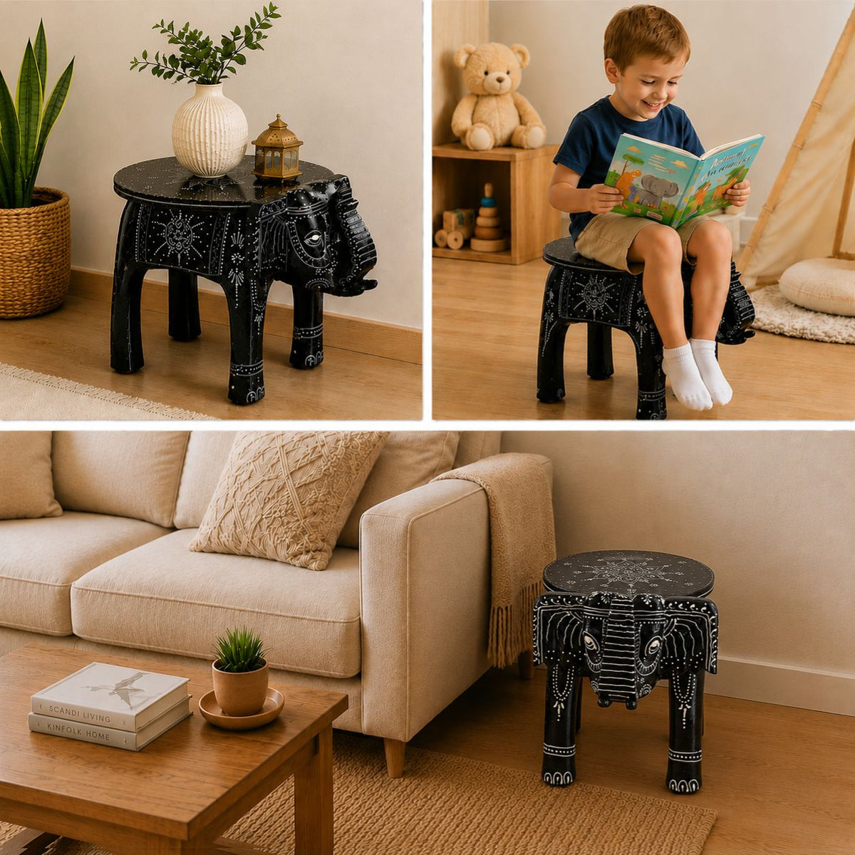 Livmore Hand Painted Cone Work Elephant Figurine Mango Wood Stool (Size - 36.83 x 26.67 x 31.75 cm) - Black V32744989 2