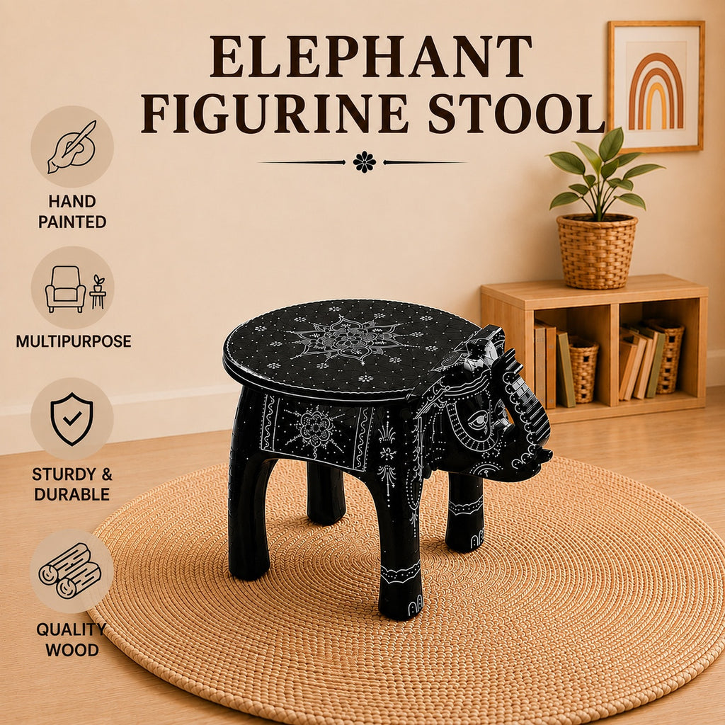 Livmore Hand Painted Cone Work Elephant Figurine Mango Wood Stool (Size - 36.83 x 26.67 x 31.75 cm) - Black_8662931_2