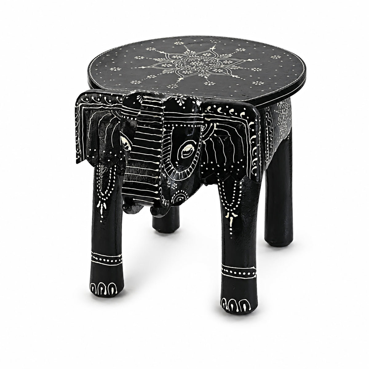 Livmore Hand Painted Cone Work Elephant Figurine Mango Wood Stool (Size - 36.83 x 26.67 x 31.75 cm) - Black V32744989 4