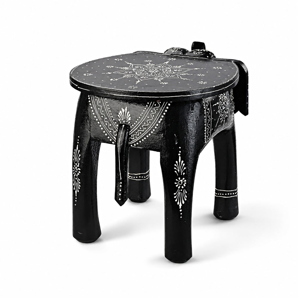 Livmore Hand Painted Cone Work Elephant Figurine Mango Wood Stool (Size - 36.83 x 26.67 x 31.75 cm) - Black_8662931_4