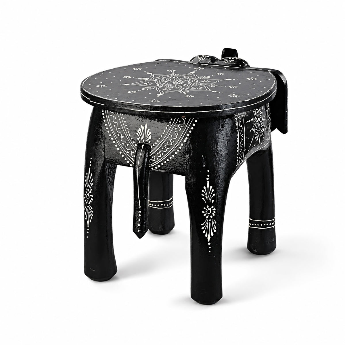 Livmore Hand Painted Cone Work Elephant Figurine Mango Wood Stool (Size - 36.83 x 26.67 x 31.75 cm) - Black V32744989 5