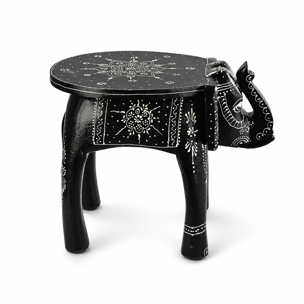 Livmore Hand Painted Cone Work Elephant Figurine Mango Wood Stool (Size - 36.83 x 26.67 x 31.75 cm) - Black V32744989 6