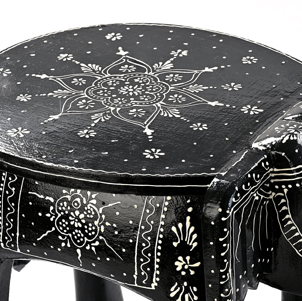 Livmore Hand Painted Cone Work Elephant Figurine Mango Wood Stool (Size - 36.83 x 26.67 x 31.75 cm) - Black V32744989 7