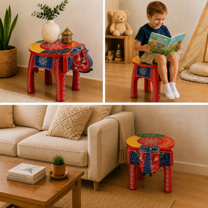 Livmore Hand Painted Cone Work Elephant Figurine Mango Wood Stool (Size - 36.83 x 26.67 x 31.75 cm) - Multi 8662932 2