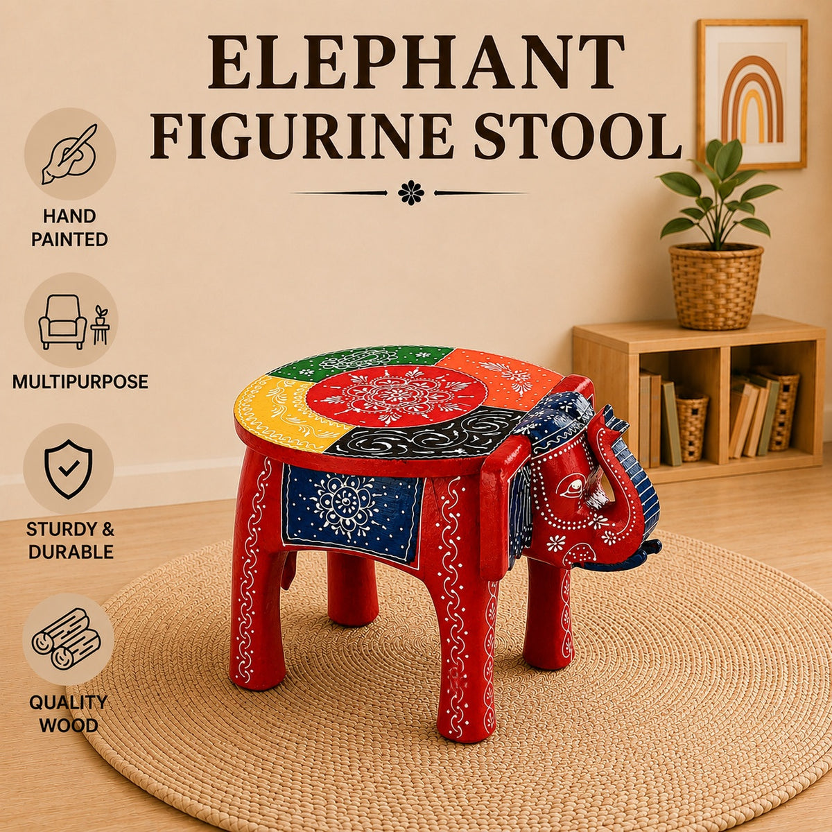 Livmore Hand Painted Cone Work Elephant Figurine Mango Wood Stool (Size - 36.83 x 26.67 x 31.75 cm) - Multi 8662932 3