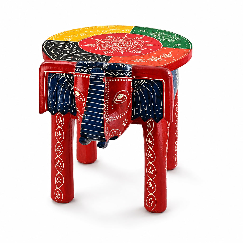 Livmore Hand Painted Cone Work Elephant Figurine Mango Wood Stool (Size - 36.83 x 26.67 x 31.75 cm) - Multi_8662932_3