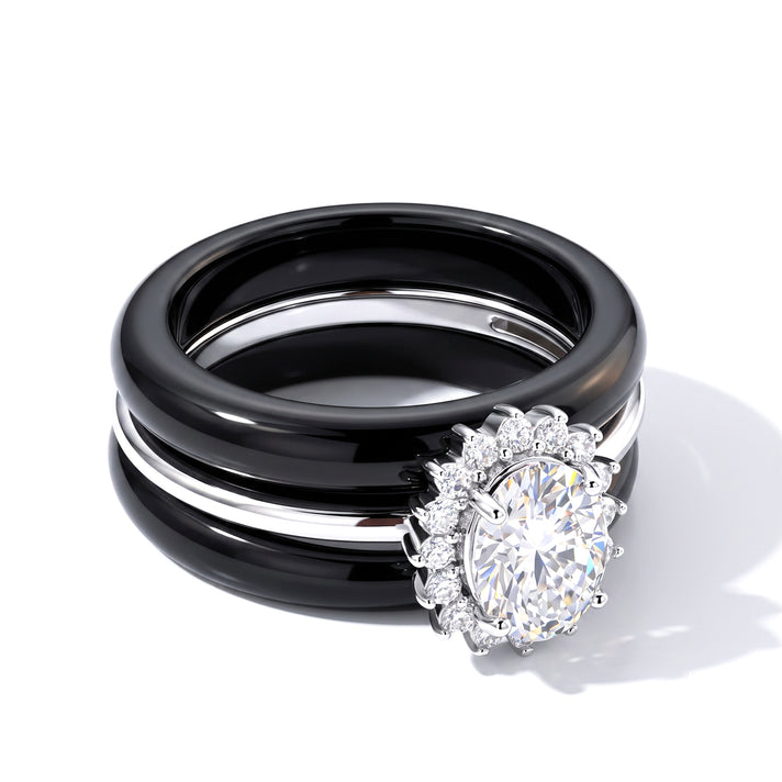 D'Joy - Black Jade &amp; Moissanite Floral Design Band Ring in Rhodium Overlay Sterling Silver 17.00 Ct. 8663083 1