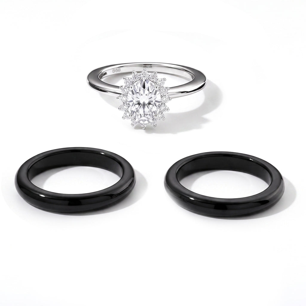 D'Joy - Black Jade & Moissanite Floral Design Band Ring in Rhodium Overlay Sterling Silver 17.00 Ct._8663083_4