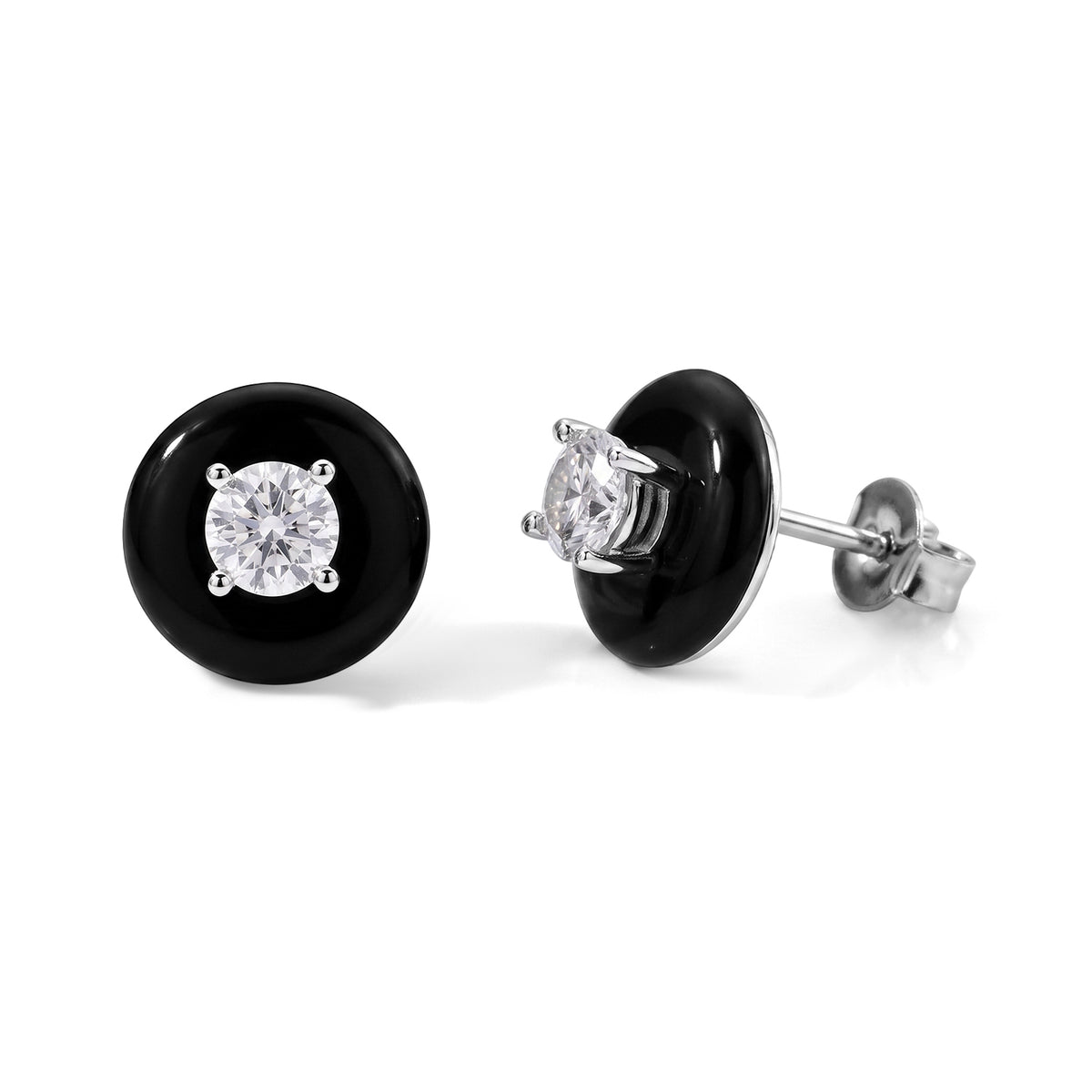 D'Joy - Moissanite &amp; Dyed Black Jade Stud Earring with Push Back in Rhodium Overlay Sterling Silver 13.30 Ct. V32577351 0