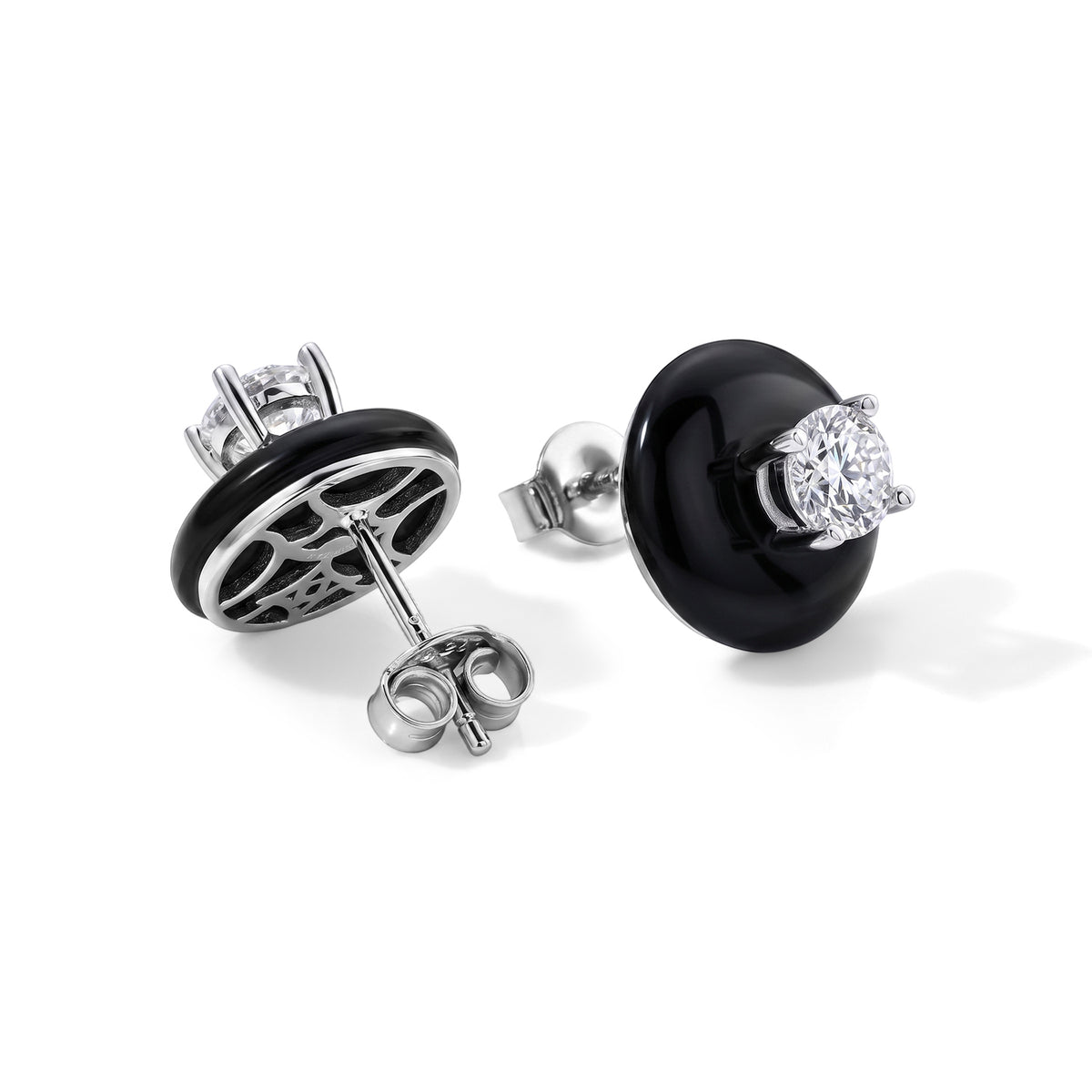 D'Joy - Moissanite &amp; Dyed Black Jade Stud Earring with Push Back in Rhodium Overlay Sterling Silver 13.30 Ct. V32577351 4