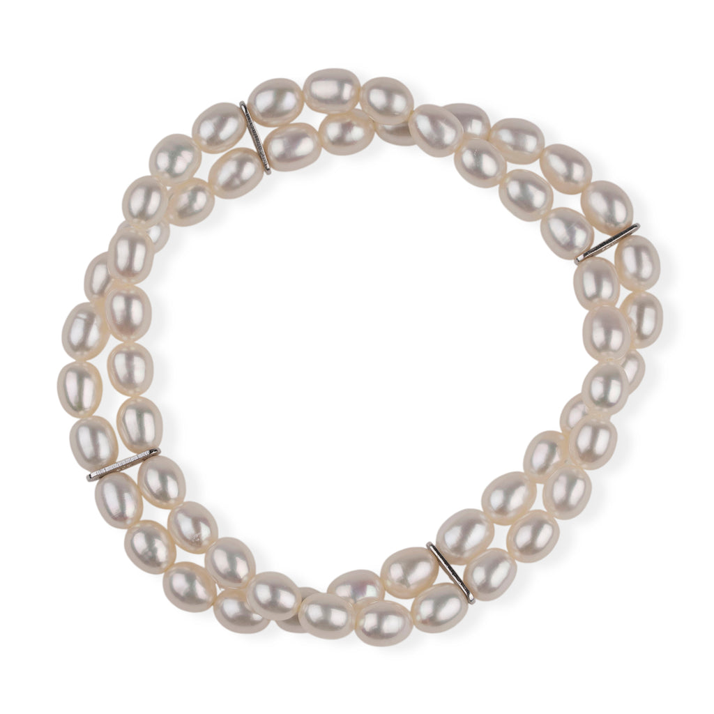 LA Closeout Deals White Fresh Water Pearl Two Row Stretchable Bracelet (Size - 7)_8663225_2
