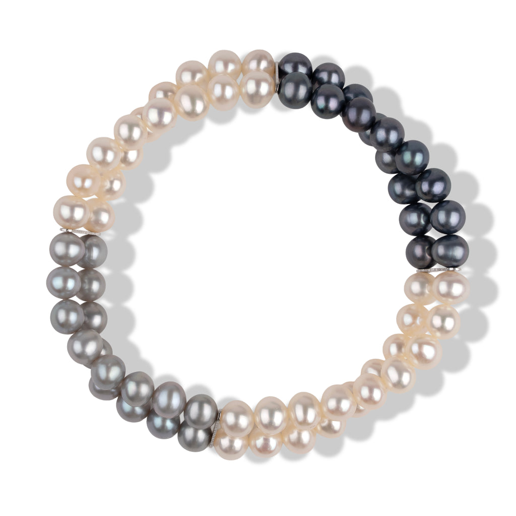 LA Closeout Deals Multi Colour Dyed Peacock, Silver & White Fresh Water Pearl Two Row Stretchable Bracelet (Size - 7)_8663242_3