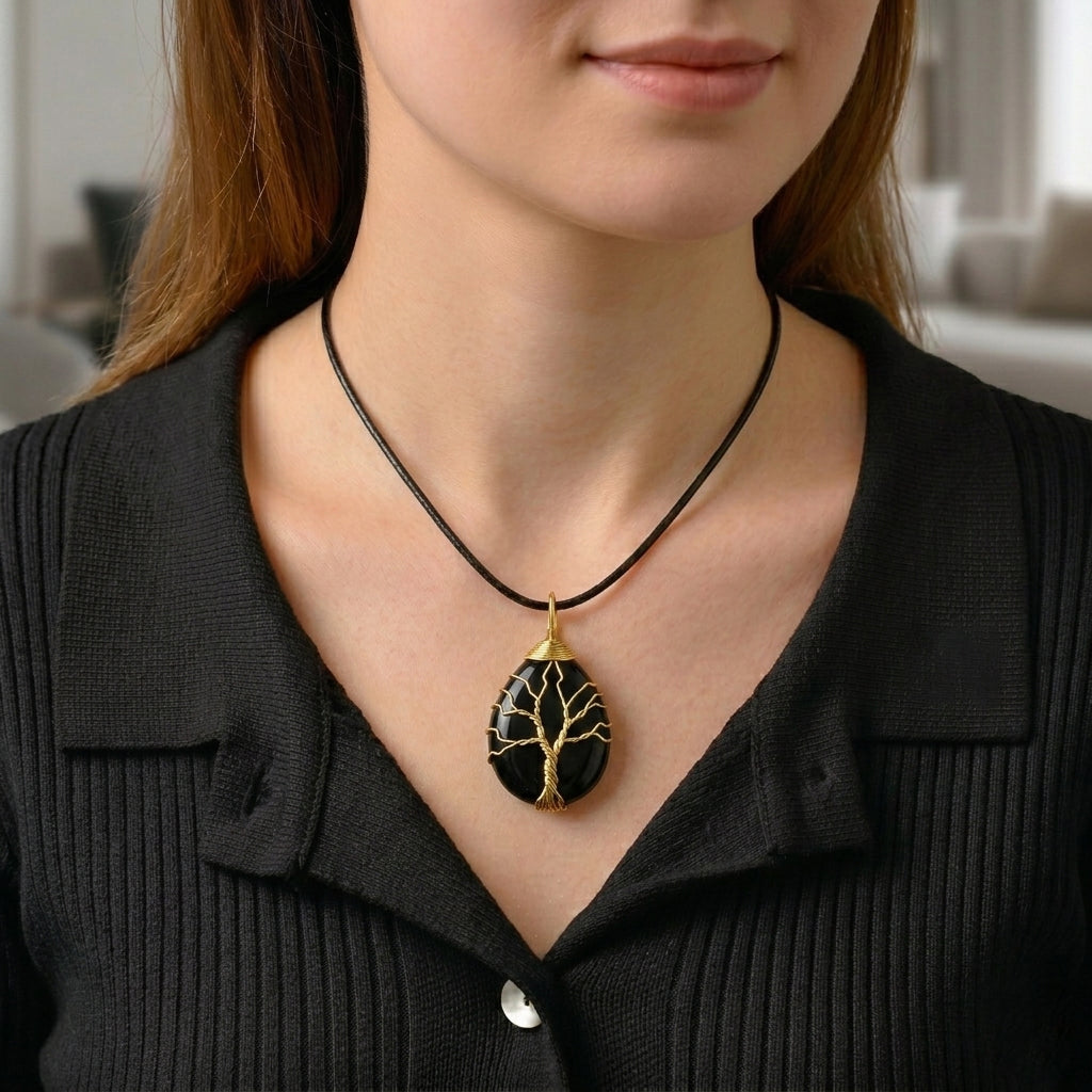 Black Agate Adjustable Tree of Life Drop Necklace (Size - 18+2 Ext) 45.00 Ct._8664240_2