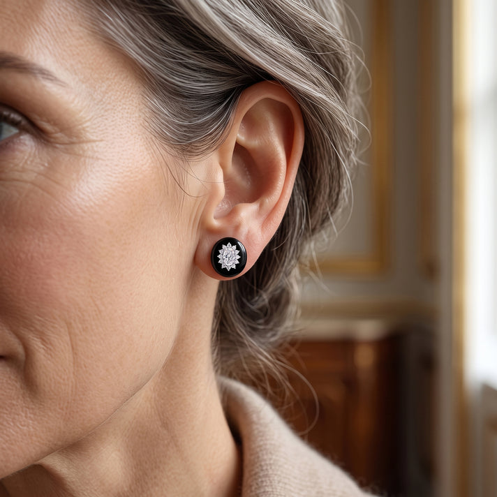 D'Joy - Black Jade &amp; Moissanite Floral Design Earring with Push Back in Rhodium Overlay Sterling Silver 12.10 Ct. 8664594 2