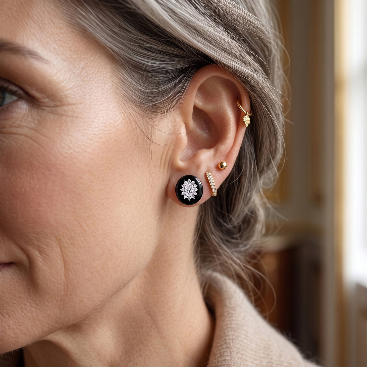 D'Joy - Black Jade &amp; Moissanite Floral Design Earring with Push Back in Rhodium Overlay Sterling Silver 12.10 Ct. 8664594 3