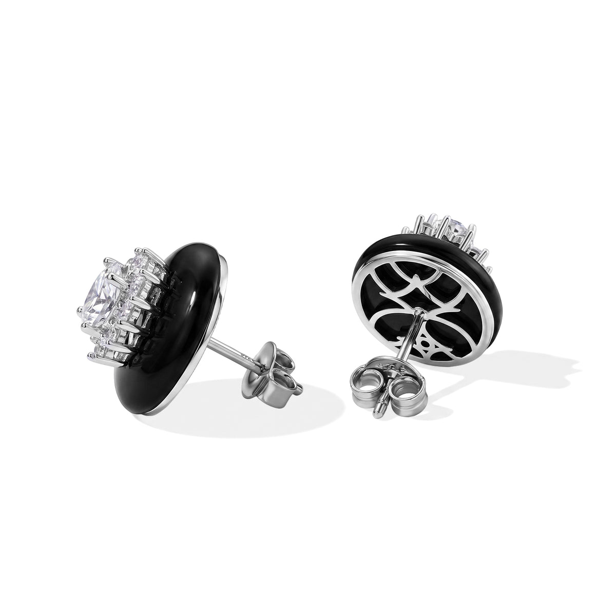 D'Joy - Black Jade &amp; Moissanite Floral Design Earring with Push Back in Rhodium Overlay Sterling Silver 12.10 Ct. 8664594 4