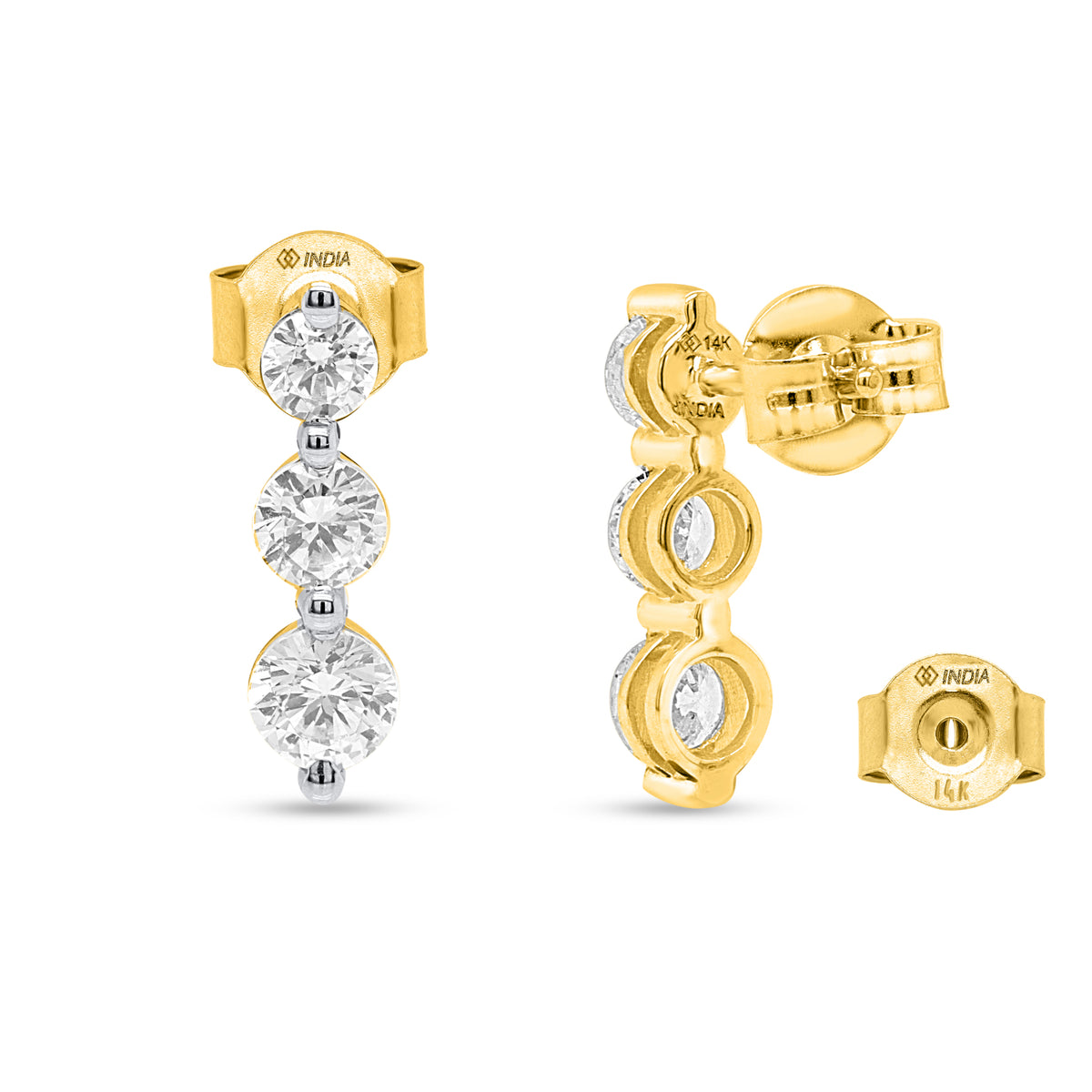 14K Yellow Gold White Diamond (I3/G-H) Trilogy Earring with Push Back 1.00 Ct. 8664697 2