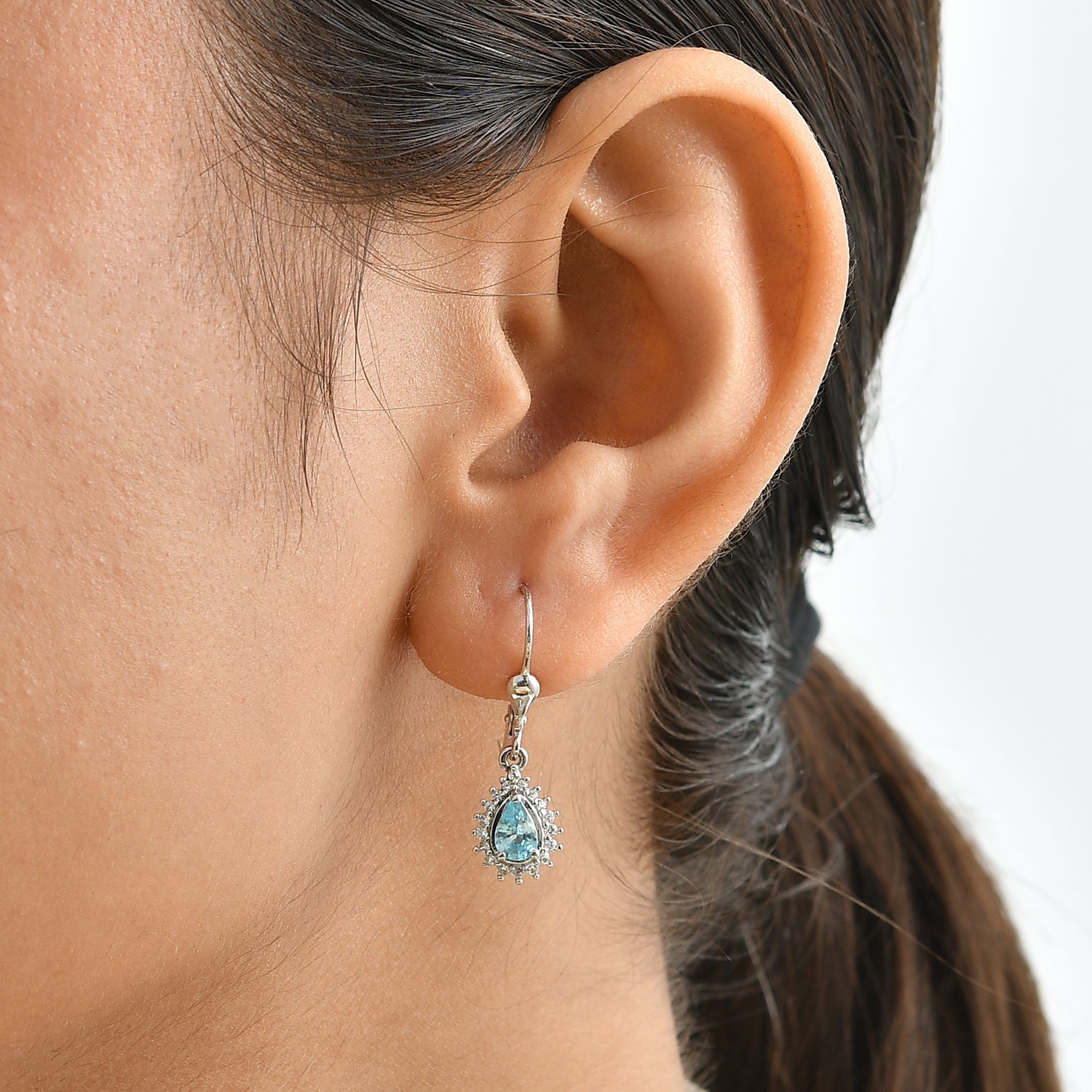 D'Joy - AAA RatanakirI Blue Zircon &amp; White Zircon Halo Earring with Lever Back in Rhodium Overlay Sterling Silver 1.70 Ct. V32512979 2