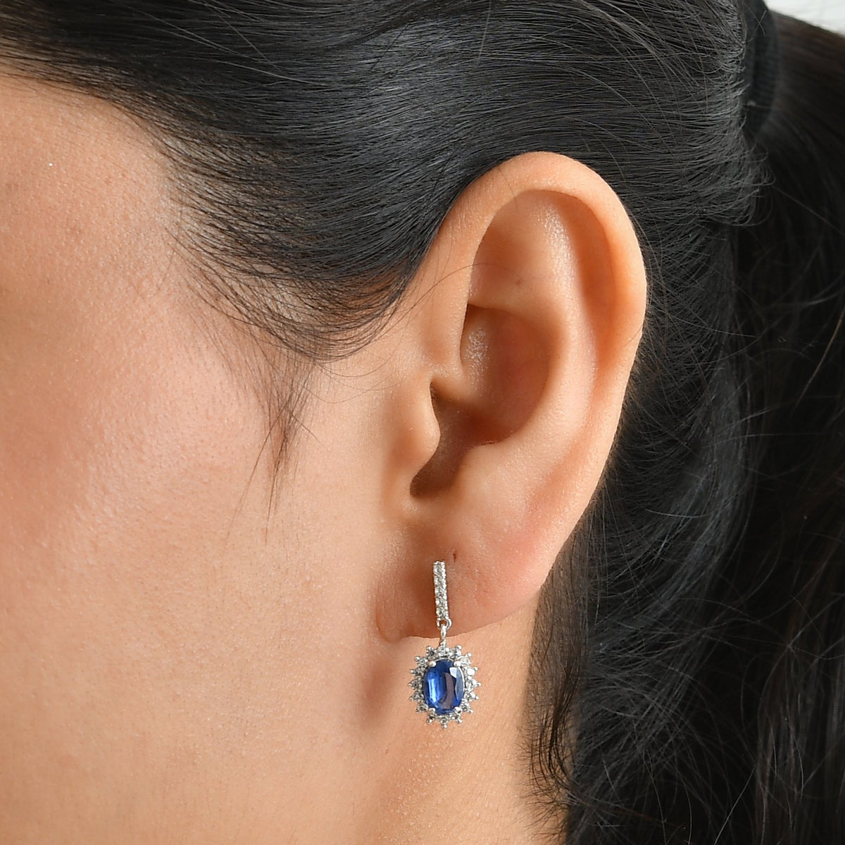 D'Joy - AAA Natural Kashmir Kyanite &amp; White Zircon Halo Earring with Push Post in Rhodium Overlay Sterling Silver 2.70 Ct. V32576015 2