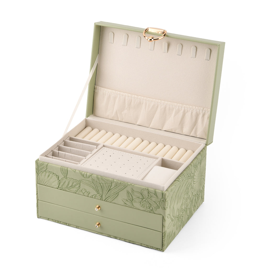 3-Layer Debossed Floral PU Leather Jewellery Organiser Box with Drawers - Green_8666423