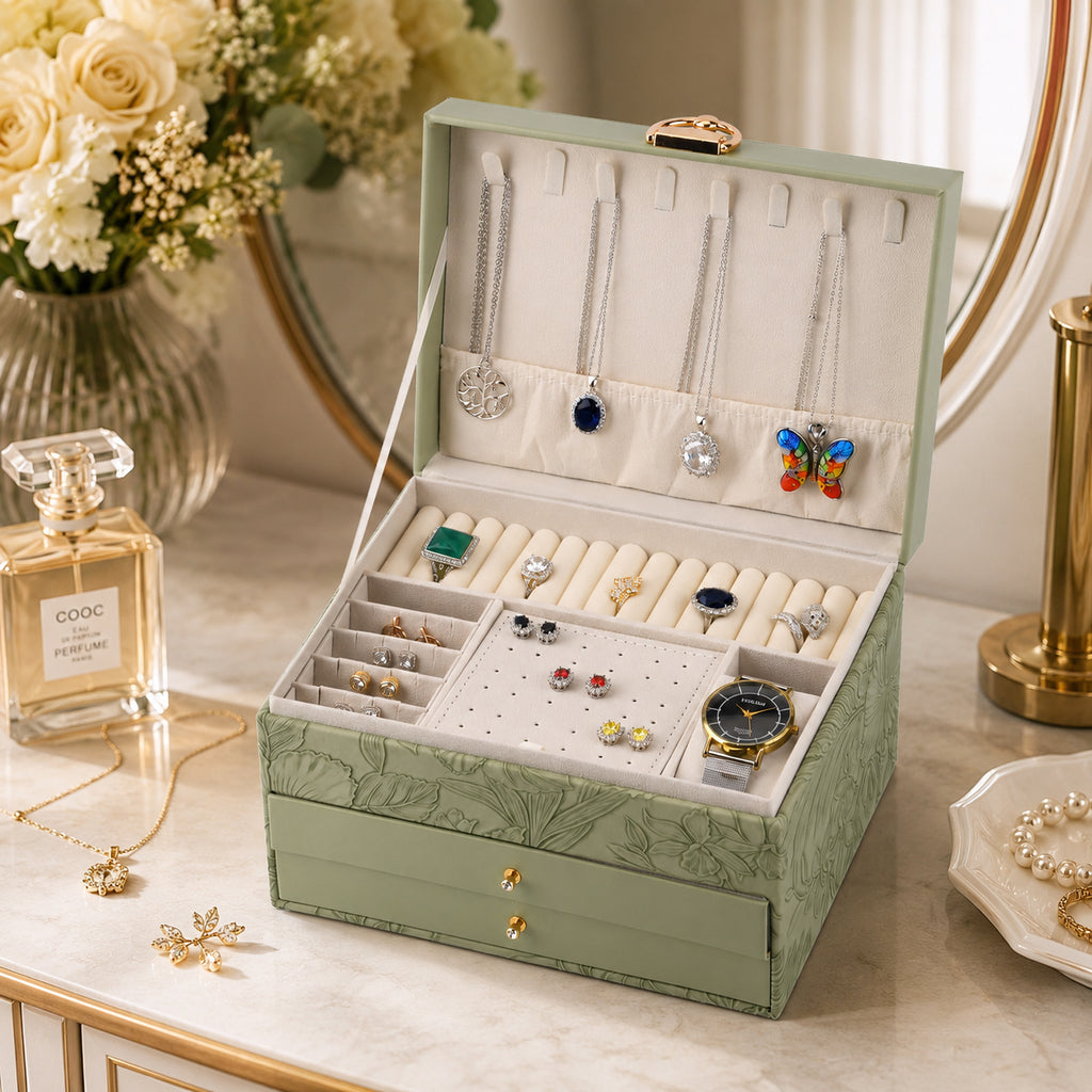 3-Layer Debossed Floral PU Leather Jewellery Organiser Box with Drawers - Green_8666423_1