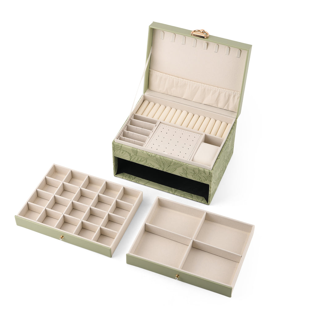 3-Layer Debossed Floral PU Leather Jewellery Organiser Box with Drawers - Green_8666423_2