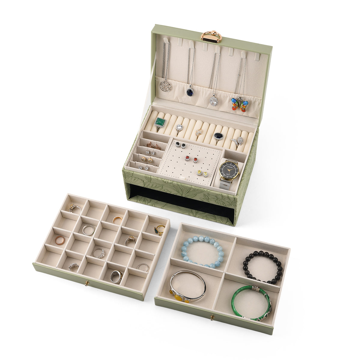 3-Layer Debossed Floral PU Leather Jewellery Organiser Box with Drawers - Green 8666423 3