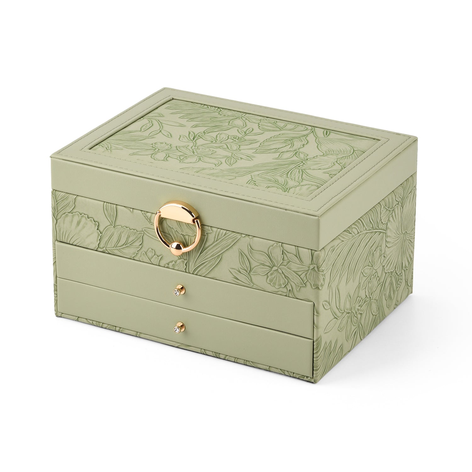 3-Layer Debossed Floral PU Leather Jewellery Organiser Box with Drawers - Green 8666423 4