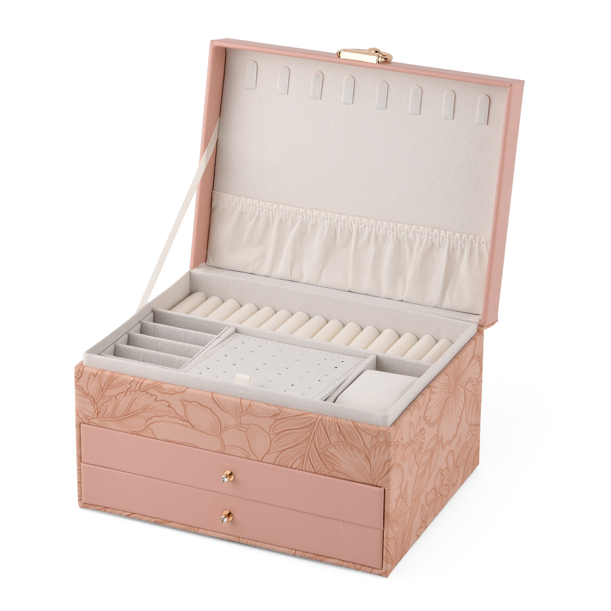 3-Layer Debossed Floral PU Leather Jewellery Organiser Box with Drawers - Baby Pink 8666432 0