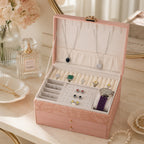 3-Layer Debossed Floral PU Leather Jewellery Organiser Box with Drawers - Baby Pink_8666432_1