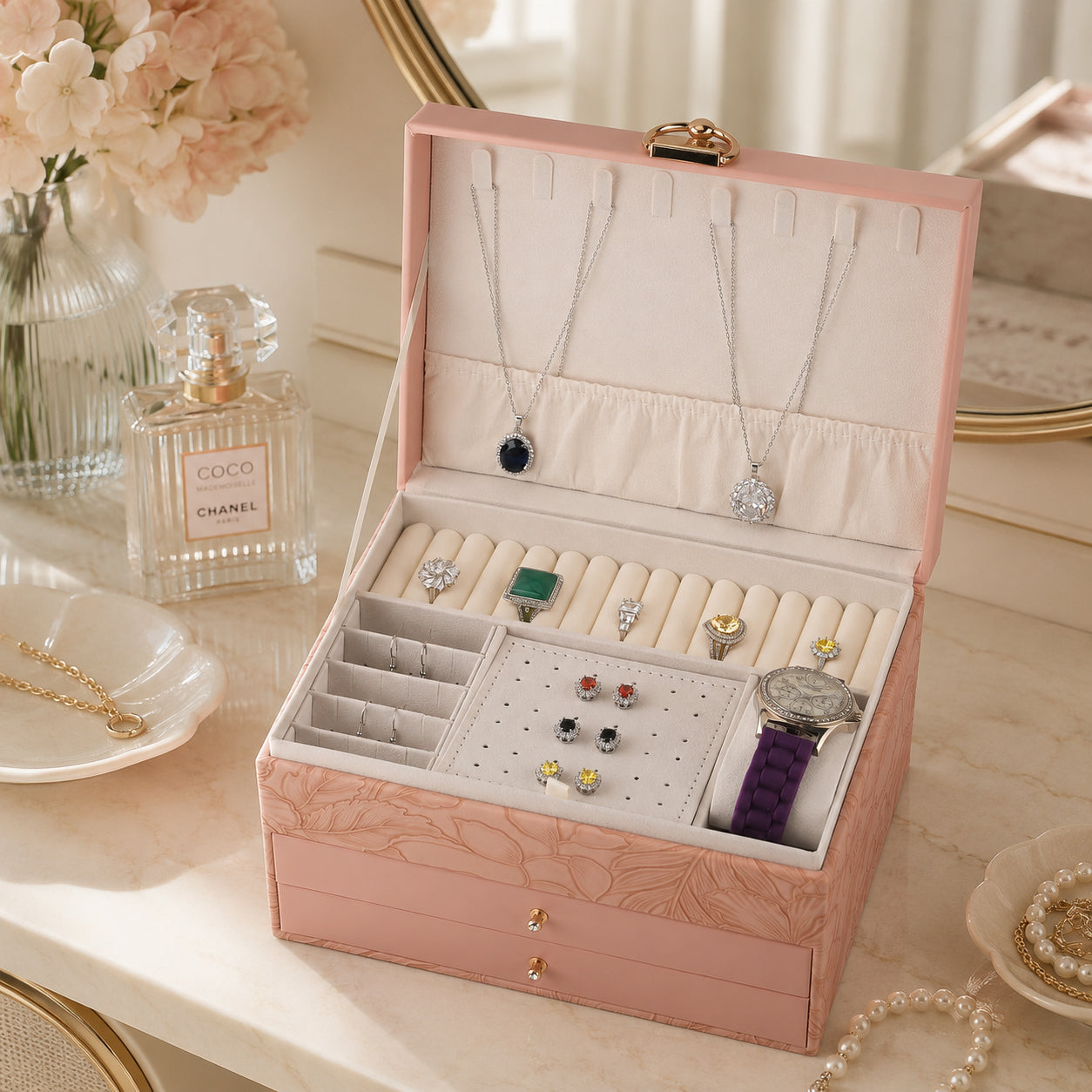 3-Layer Debossed Floral PU Leather Jewellery Organiser Box with Drawers - Baby Pink 8666432 1