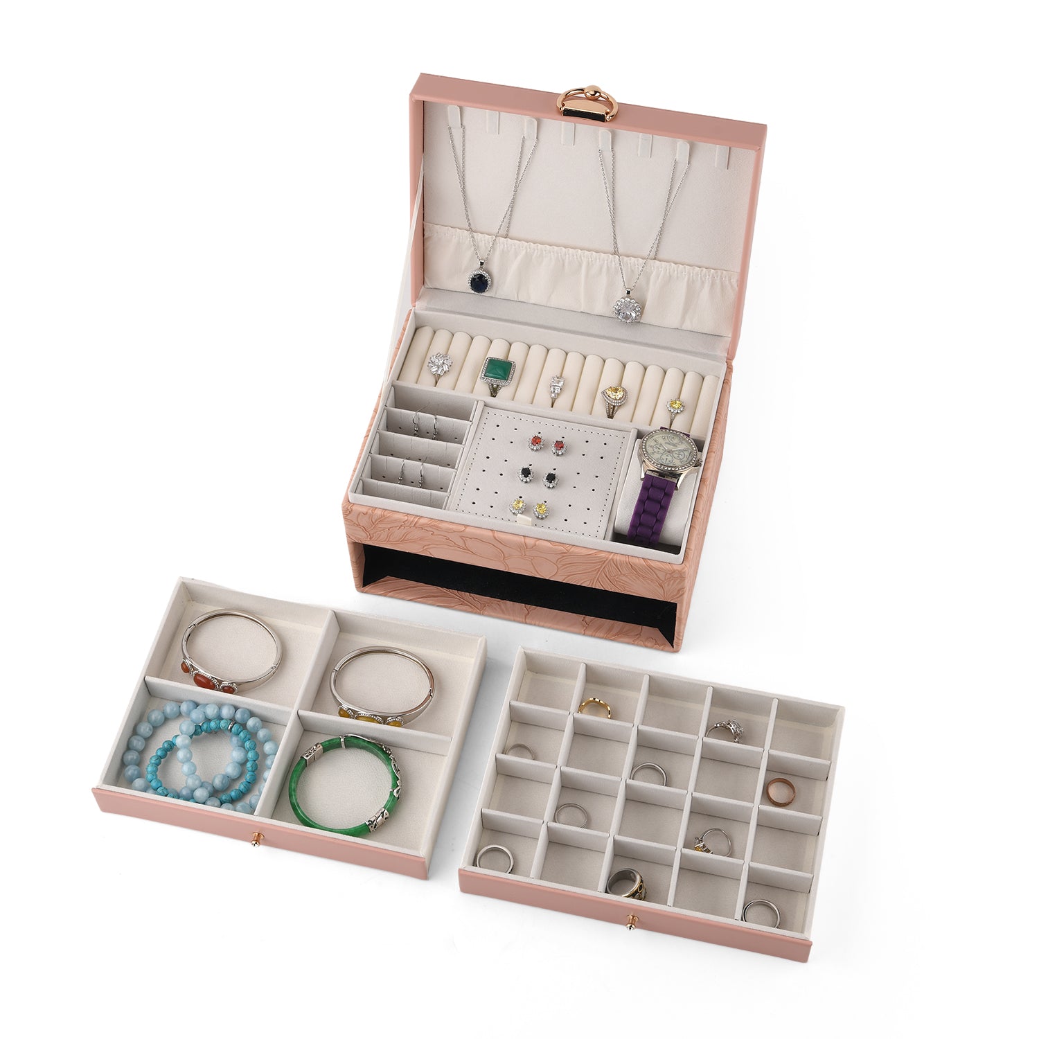 3-Layer Debossed Floral PU Leather Jewellery Organiser Box with Drawers - Baby Pink 8666432 3