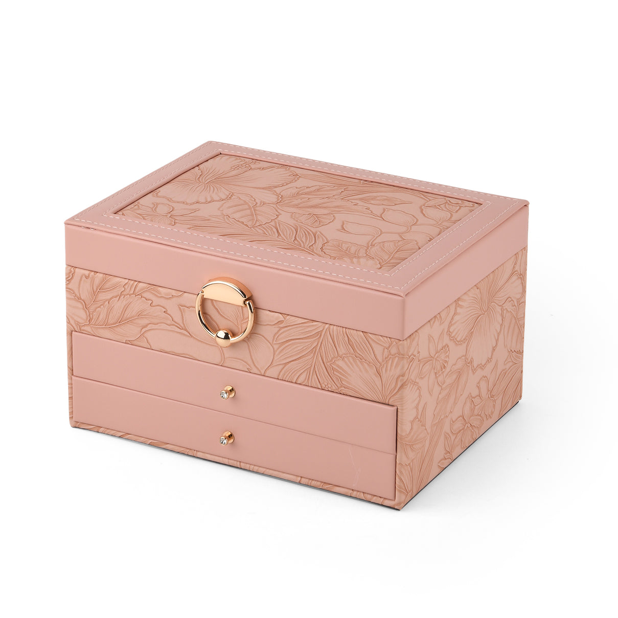 3-Layer Debossed Floral PU Leather Jewellery Organiser Box with Drawers - Baby Pink 8666432 4