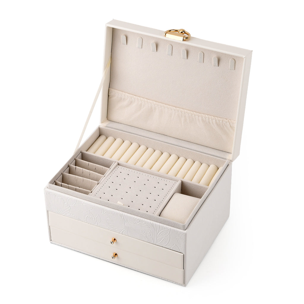 3-Layer Debossed Floral PU Leather Jewellery Organiser Box with Drawers - White_8666433