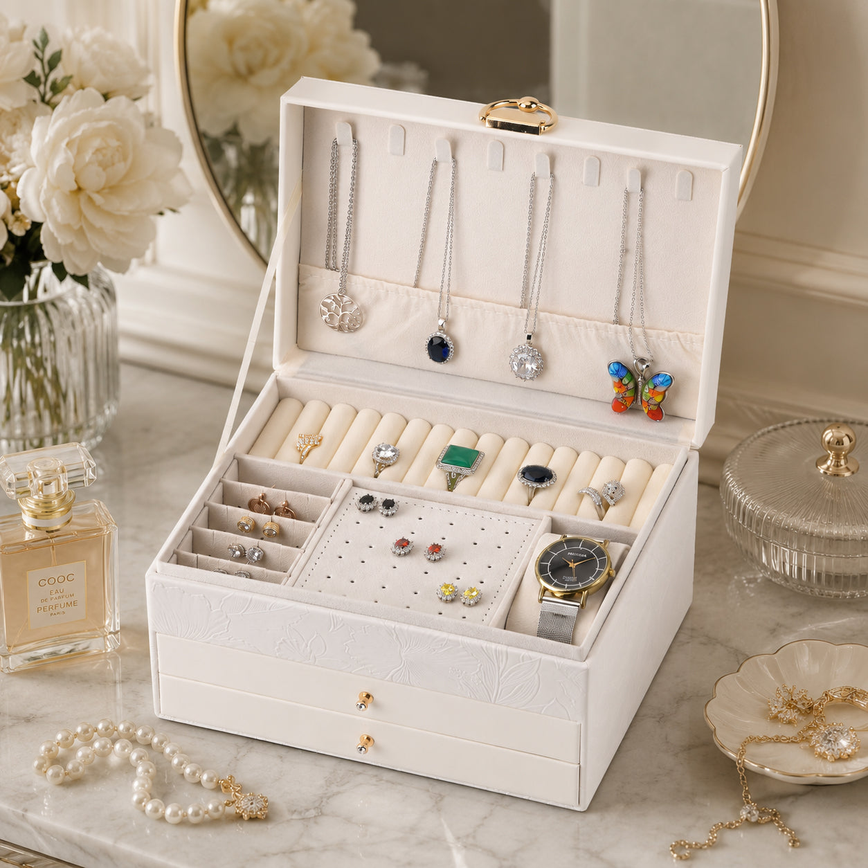 3-Layer Debossed Floral PU Leather Jewellery Organiser Box with Drawers - White 8666433 1
