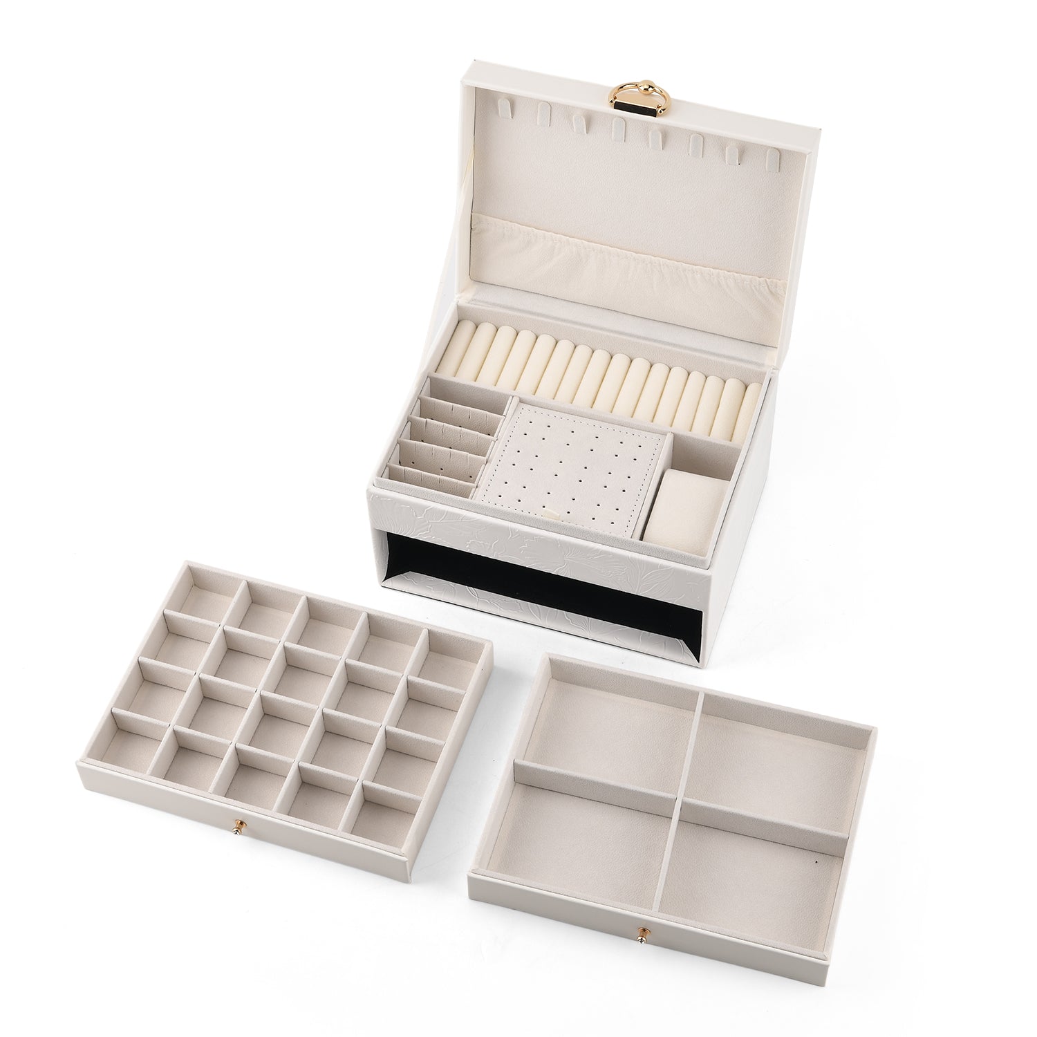 3-Layer Debossed Floral PU Leather Jewellery Organiser Box with Drawers - White 8666433 2