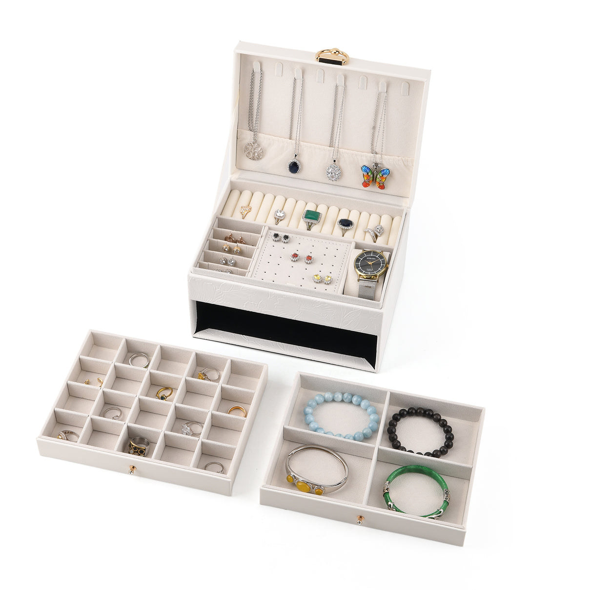 3-Layer Debossed Floral PU Leather Jewellery Organiser Box with Drawers - White 8666433 3