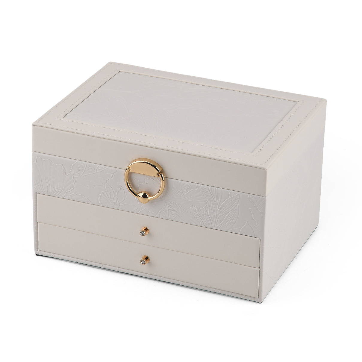 3-Layer Debossed Floral PU Leather Jewellery Organiser Box with Drawers - White 8666433 4