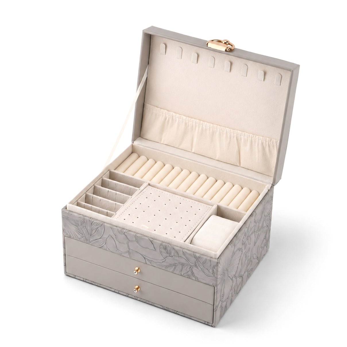 3-Layer Debossed Floral PU Leather Jewellery Organiser Box with Drawers - Gray 8666454 0