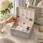 3-Layer Debossed Floral PU Leather Jewellery Organiser Box with Drawers - Gray_8666454_1