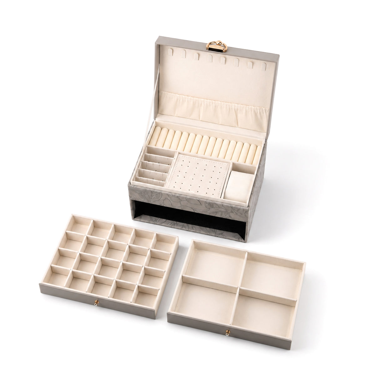 3-Layer Debossed Floral PU Leather Jewellery Organiser Box with Drawers - Gray 8666454 2