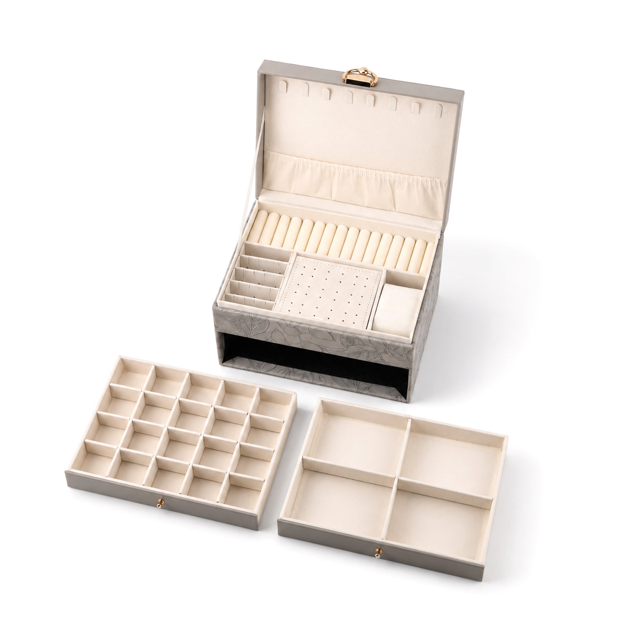 3-Layer Debossed Floral PU Leather Jewellery Organiser Box with Drawers - Gray 8666454 2